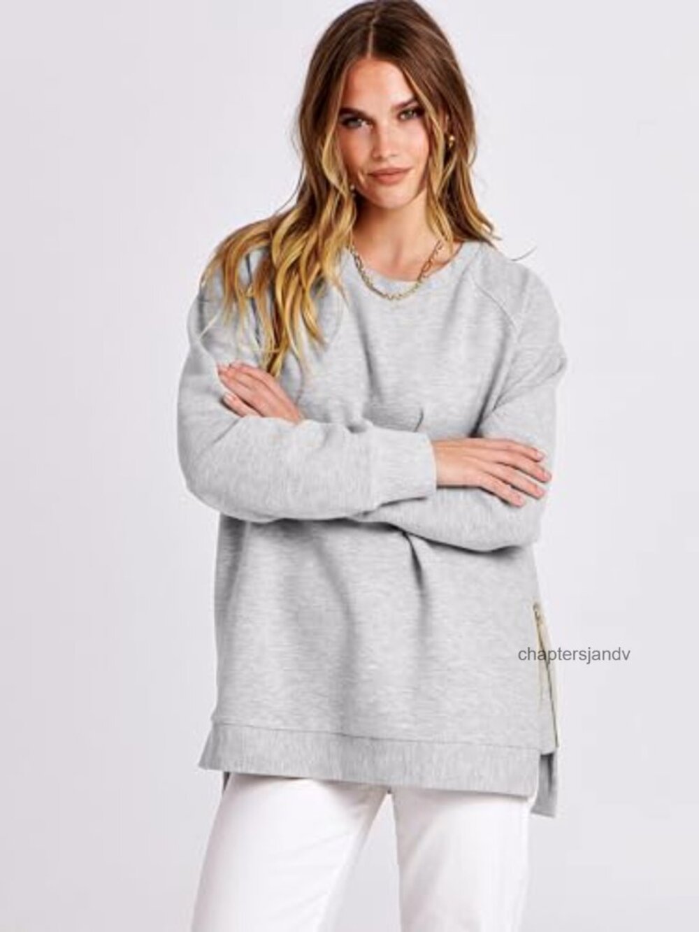 Oversized Crewneck Tunic Sweatshirt Side Zip Long Sleeve Relaxed Fit - Picture 4 of 6